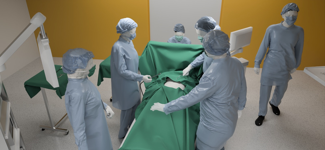 Final modeling of an operating room with surgical staff.