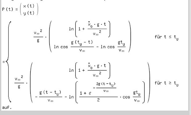 Seite 16 der Formeln zur Berechnung der Reichweite bei Berücksichtigung des Luftwiderstandes