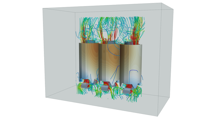 CFD-Simulation mit Strömungslinien im Trafo bei aktiver Kühlung